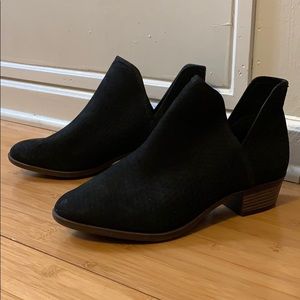 Lucky Brand black booties with brown heel/sole, 12
